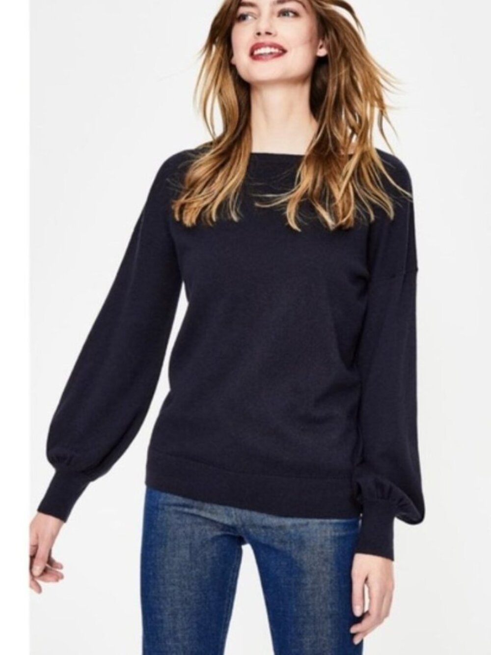 NWT BODEN MURIEL WOOL BLEND PUFF BELL SLEEVE JUMPER SWEATER NAVY US 18 PREPPY